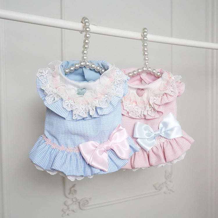 Sweet Lace Collar Striped Bow Dog Cat Dress