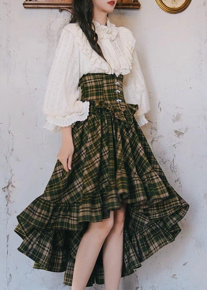 New White Ruffled Tops And Plaid Skirts Two Pieces Set Lantern Sleeve