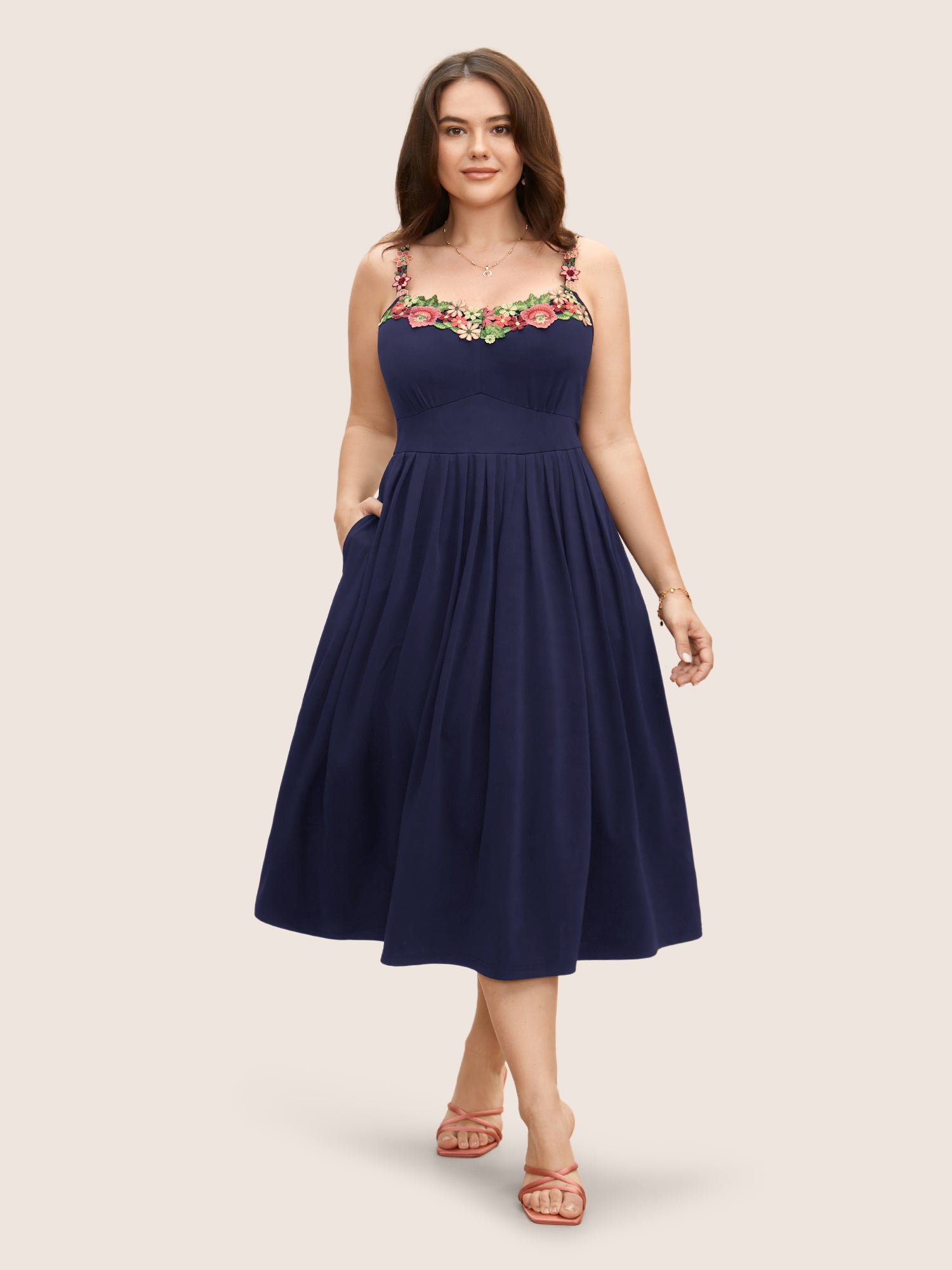 Floral Embroidered Pocket Midi Cami Dress