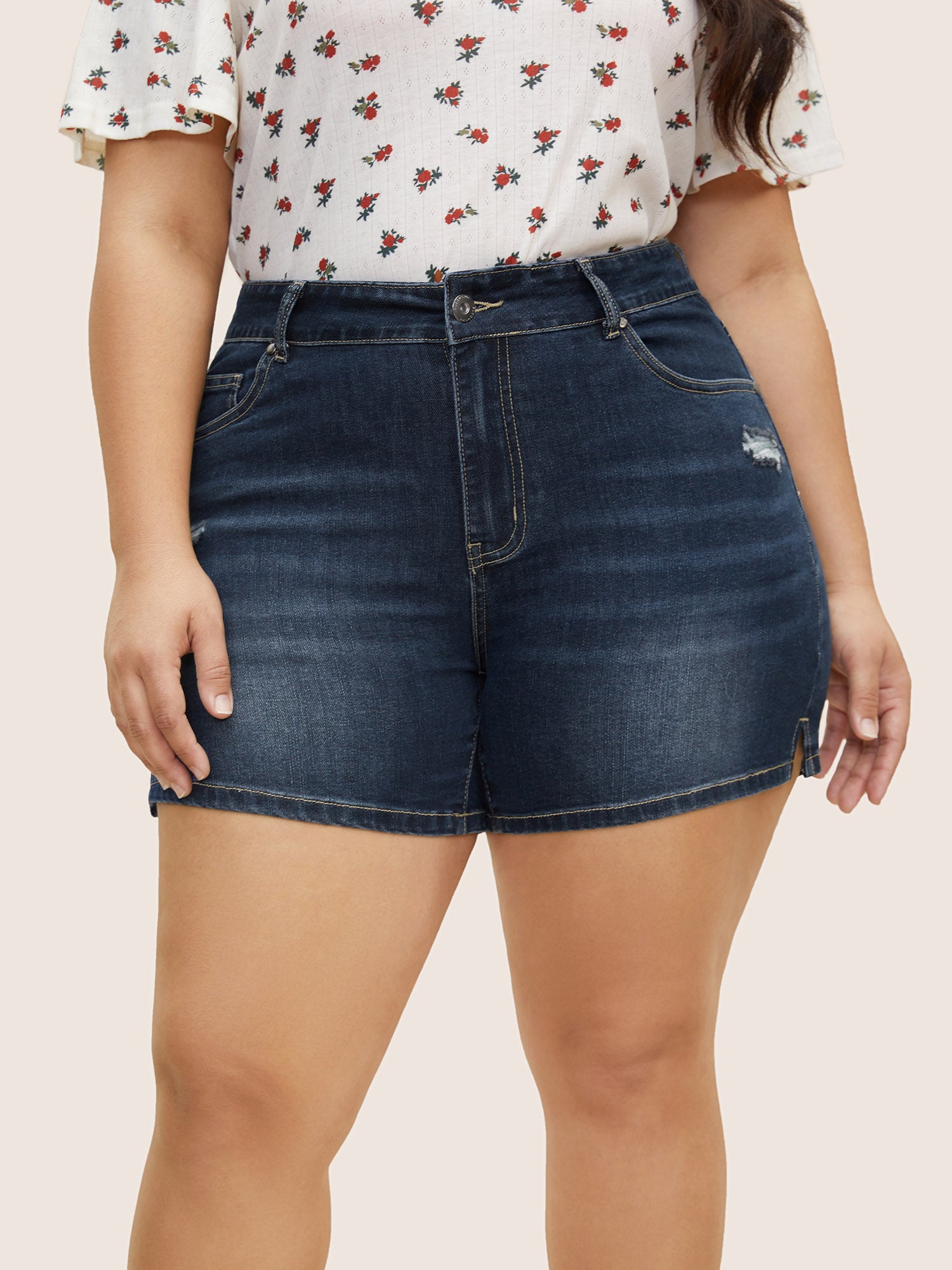 Dark Wash Slit Hem High Stretch Denim Shorts