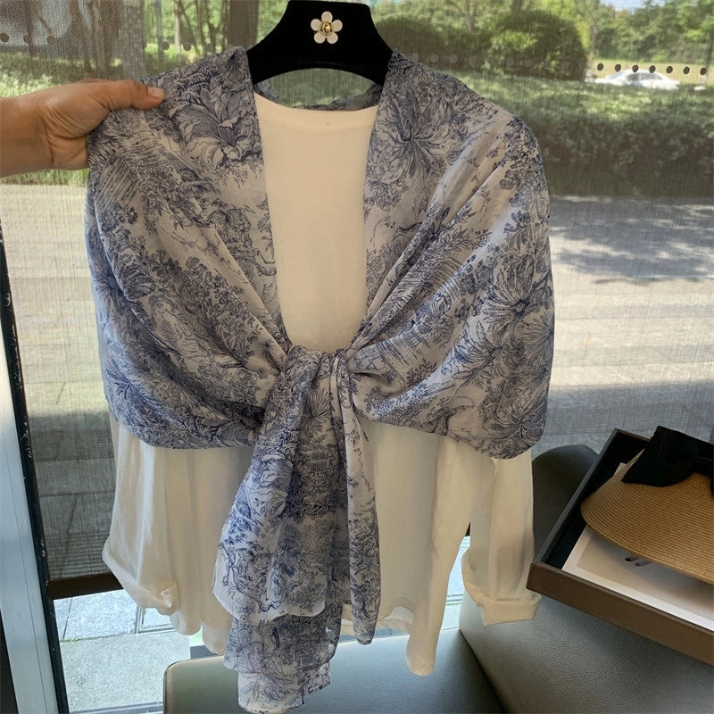 Women's Silk Scarf Summer Versatile Thin Scarf Cotton And Linen Scarf Blue Feather Tassel Beach Towel Sunscreen Shawl