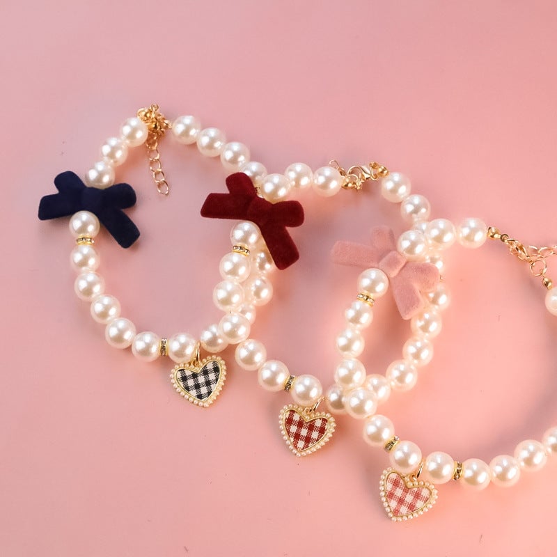 Vintage Plaid Heart Pearl Dog Cat Necklace