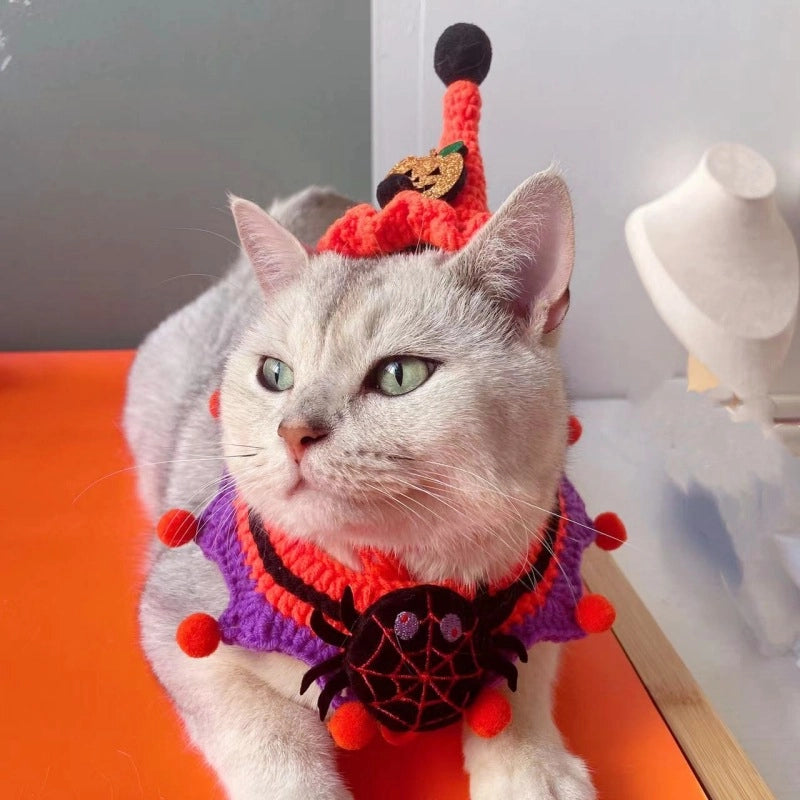 Hot Halloween Pet Wool Collar Dogs And Cats Funny Knitted Hat Spider Pumpkin Scarf