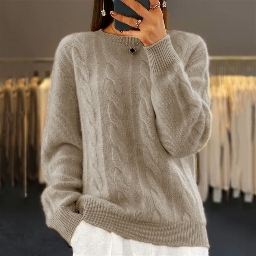 Retro Twist Crew Neck Solid Color Sweater