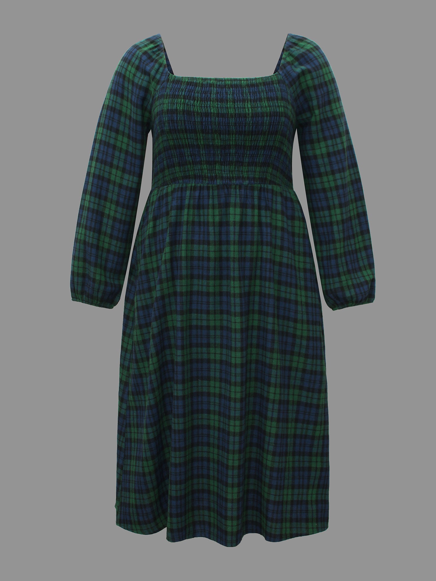 Plaid Square Neck Shirred Midi Dress
