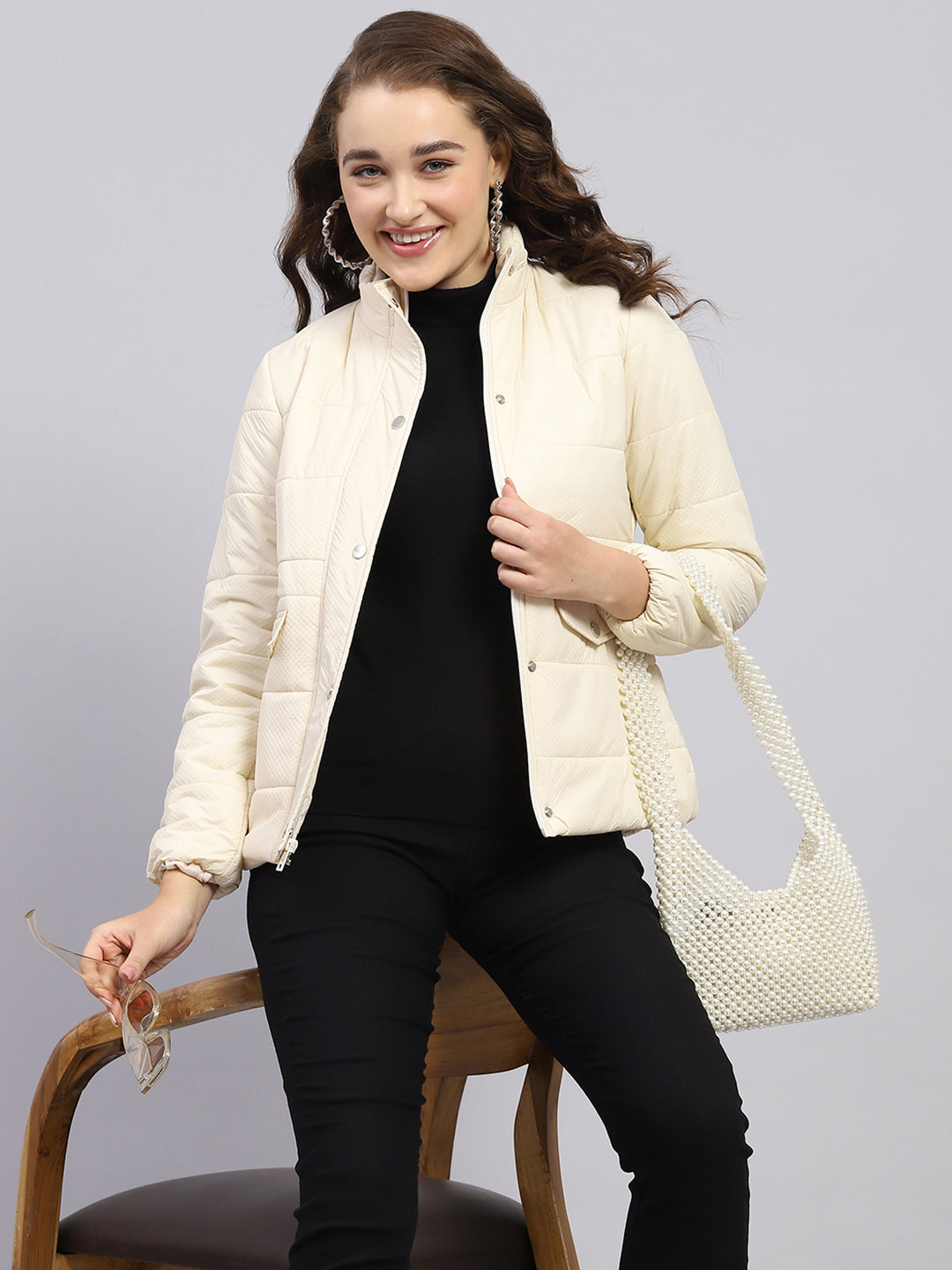 Women Cream Solid Mock Neck Full Sleeve Jacket