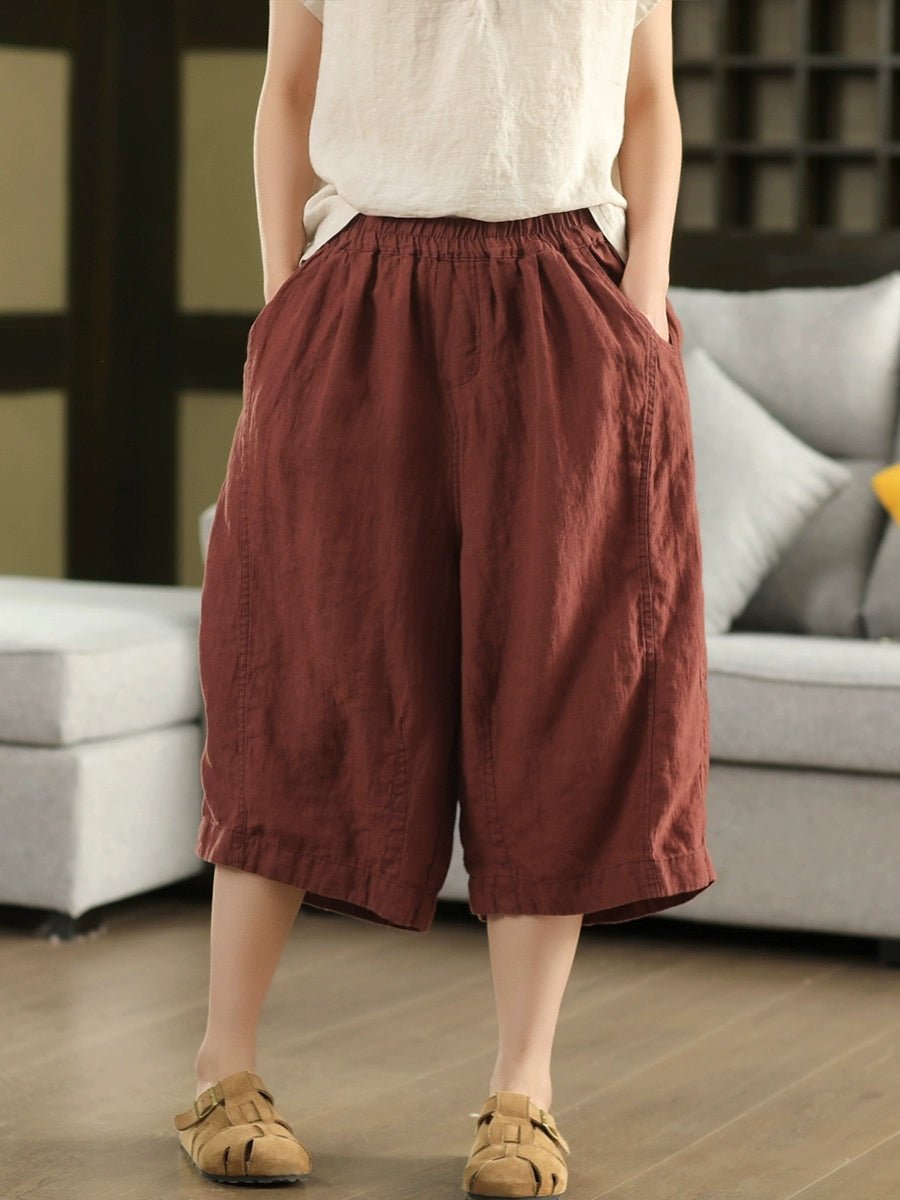 Women Summer Vintage 100%Linen Wide-leg Cropped Pants