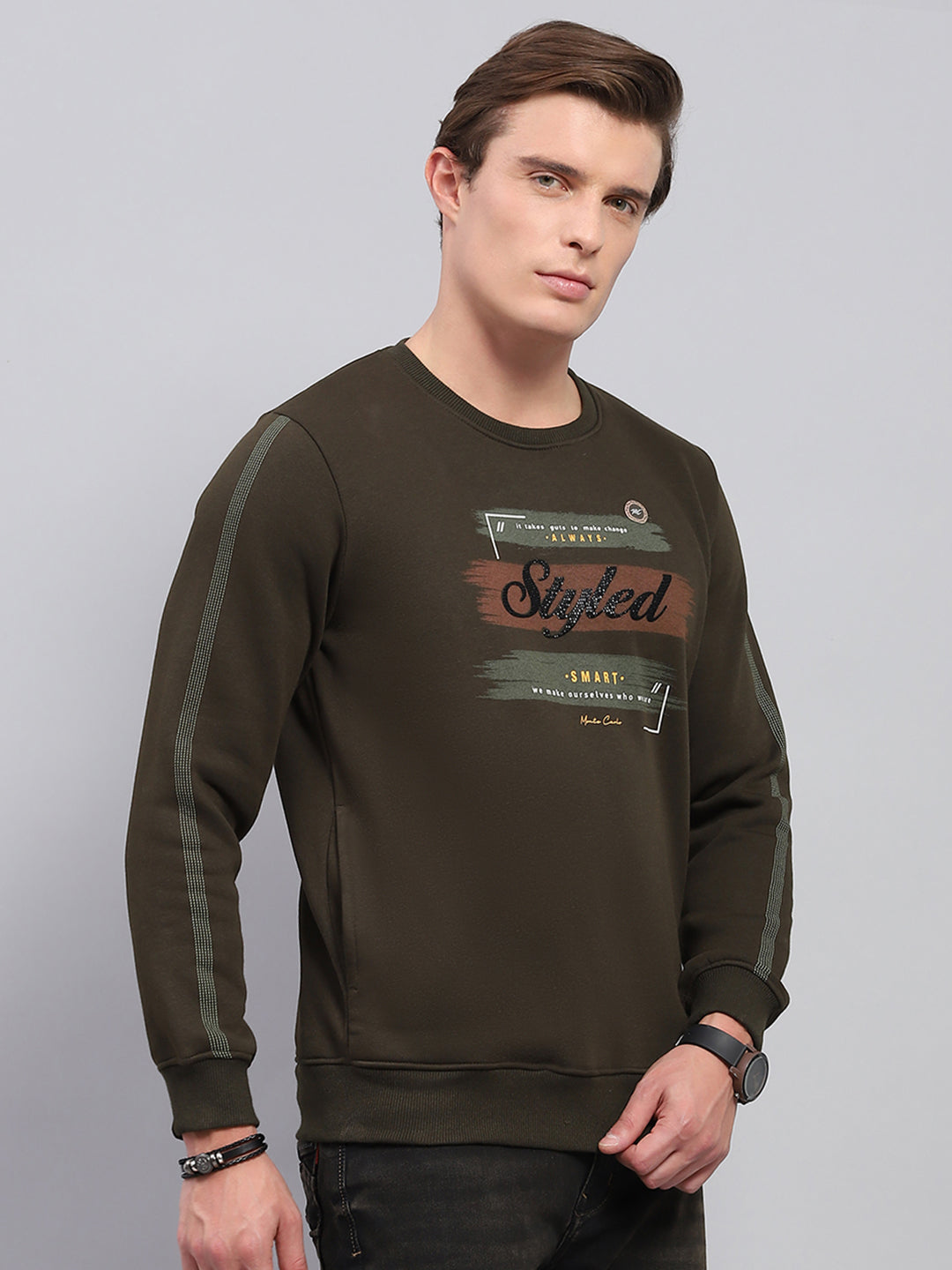 Men Olive Printed Round Neck Full Sleeve Sweatshirt