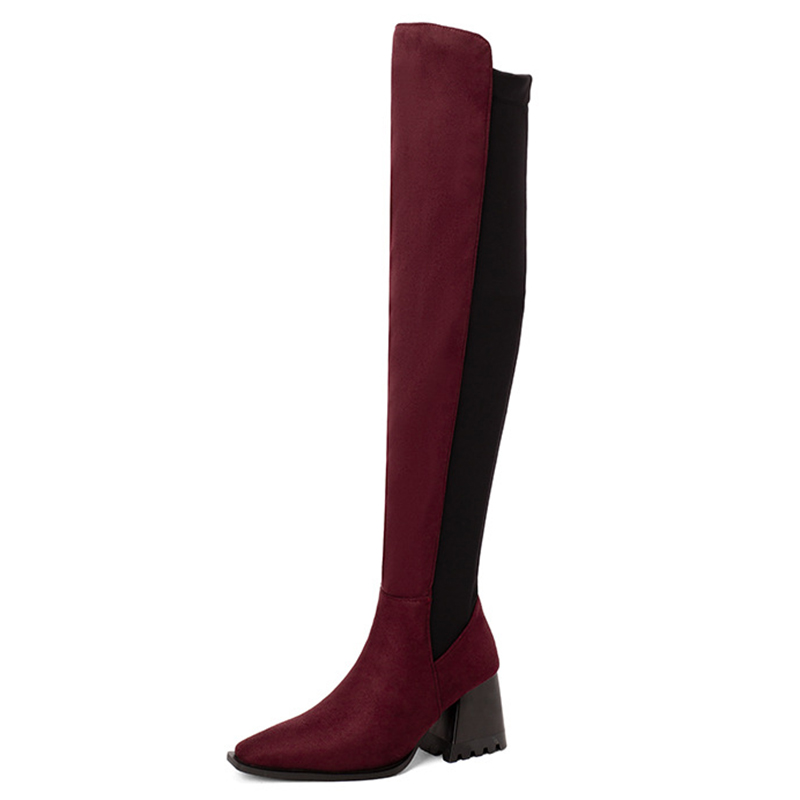 Suede Colorblock Patchwork Pointy Toe Chunky Heels High Leg Boots