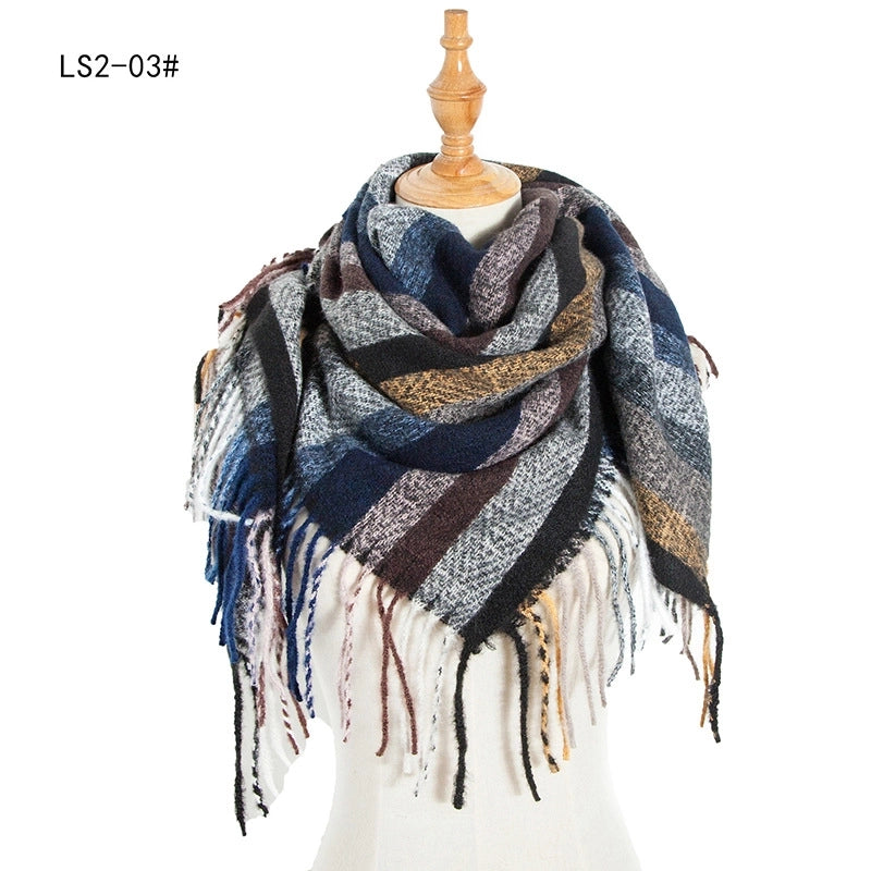 New Circle Yarn Stripe Plaid Polyester Long Tassel Bristle Square Scarf Female Men's Scarf Shawl