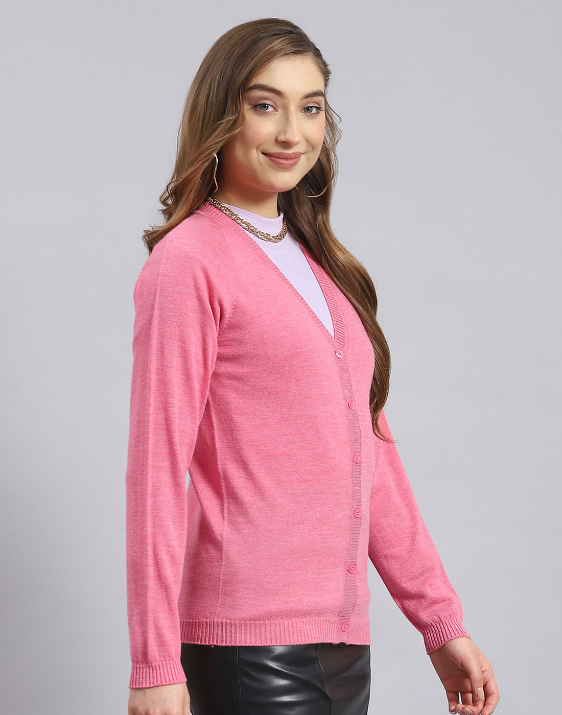 Women Pink Solid V Neck Full Sleeve Sweater