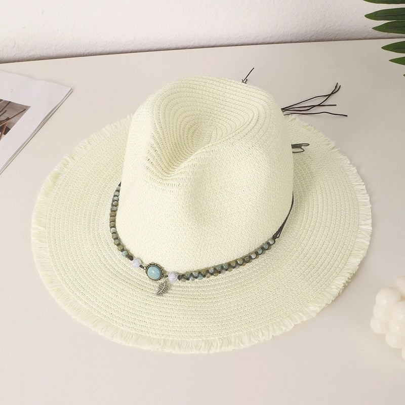 Women's Casual Vacation Beach Solid Color Beaded Big Eaves Straw Hat