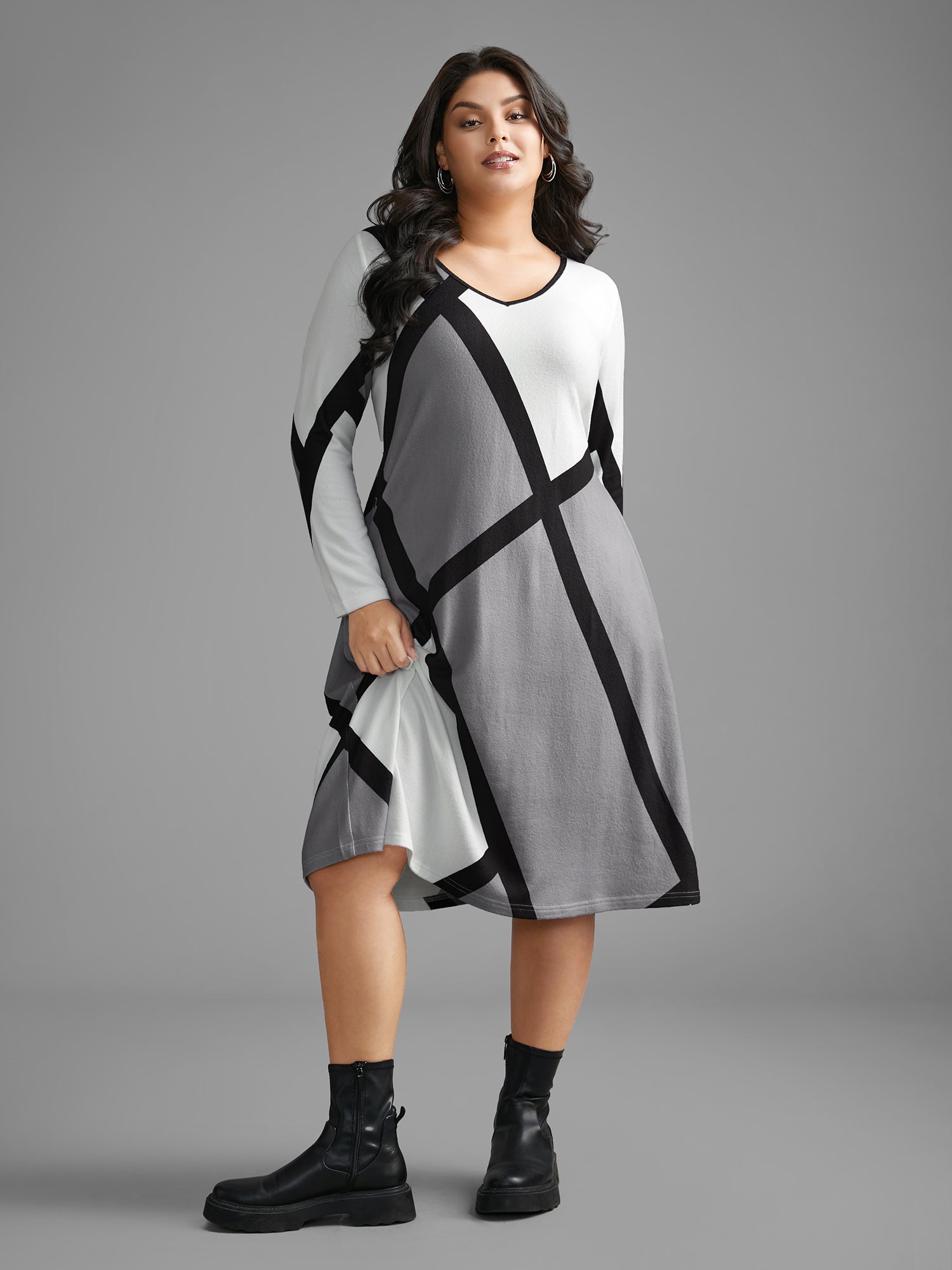V Neck Colorblock Contrast Pocket Dress
