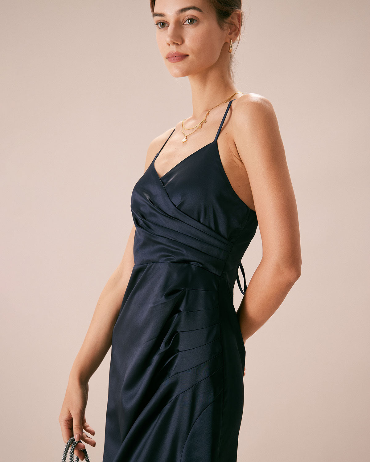 The Navy V-Neck Ruched Satin Sling Maxi Dress