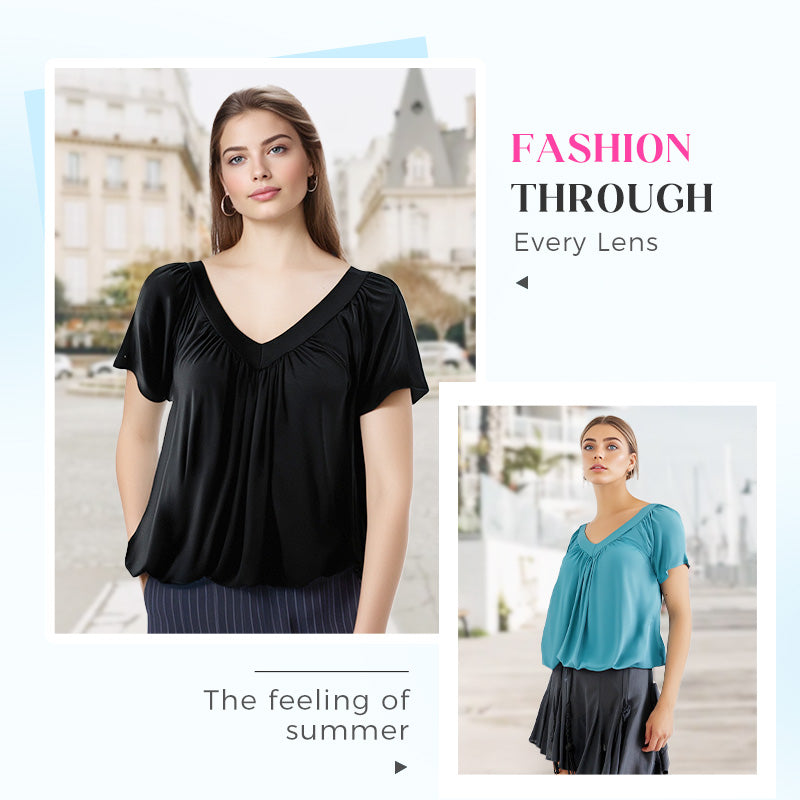 💖Hot Sales-49% OFF✨Women's Casual Pleated V-Neck Short-Sleeve Top