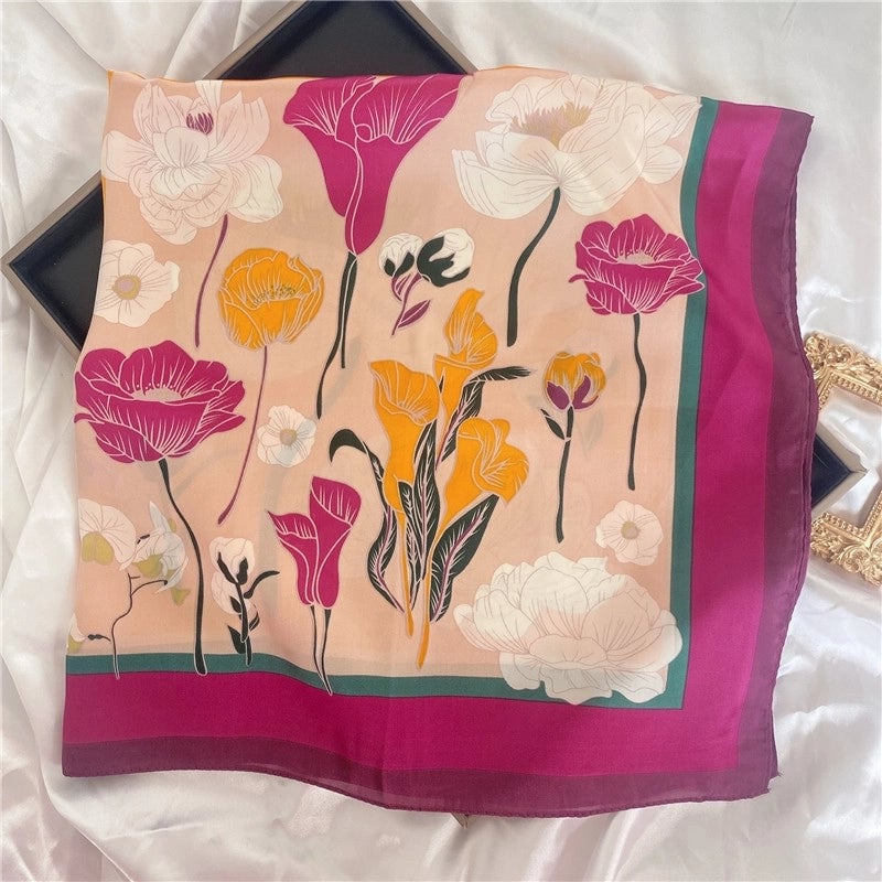 Women's Elegant Letter Flower Satin Silk Scarf