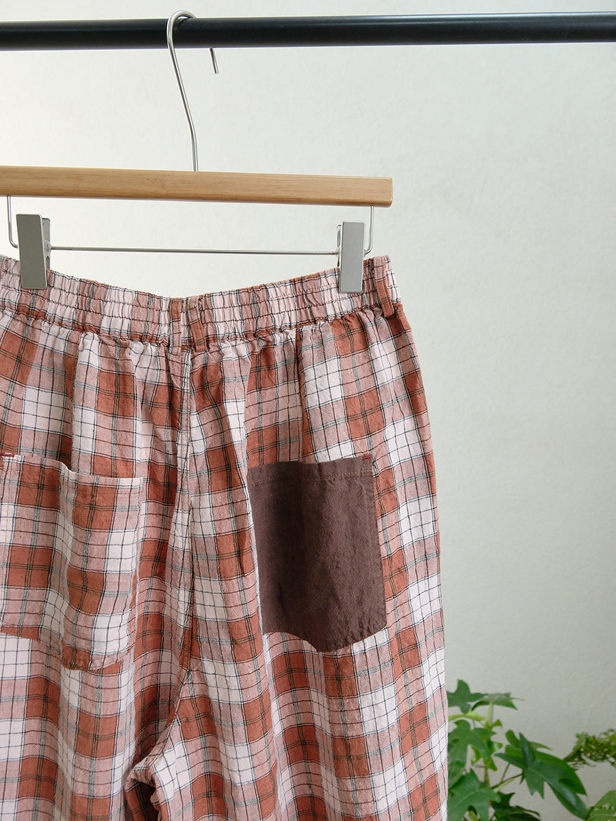 Women Summer Vintage Plaid Linen Wide-leg Pants