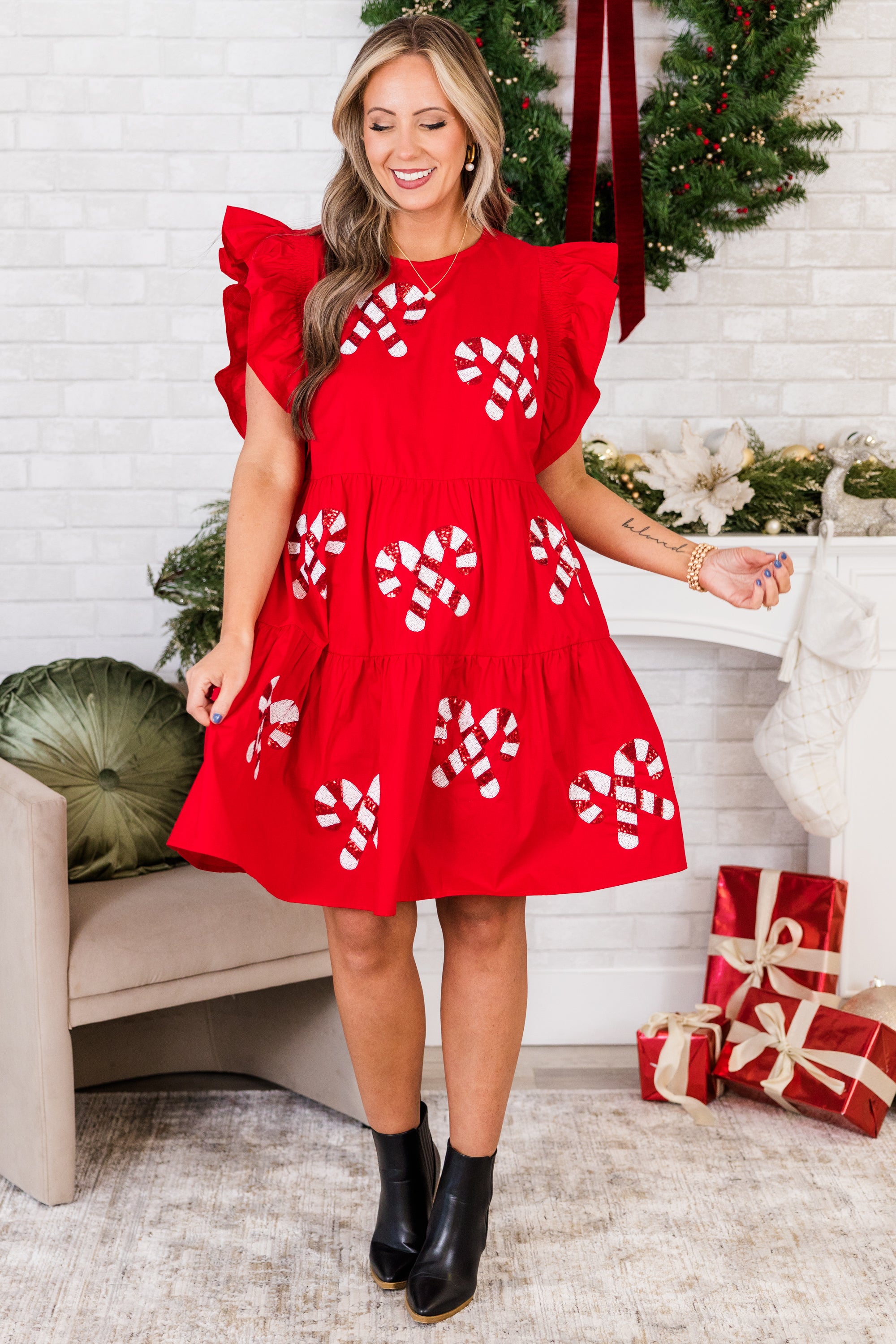 Candy Cane Charm Dress. Red