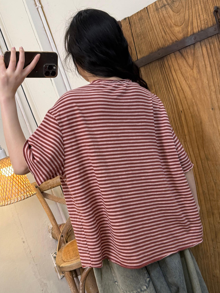 Women Summer Retro Stripe O-Neck Cotton Loose Shirt