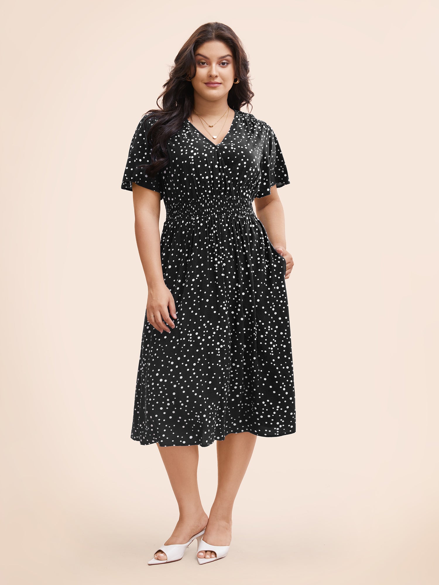 Polka Dot Wrap Pocket Shirred Ruffle Sleeve Dress