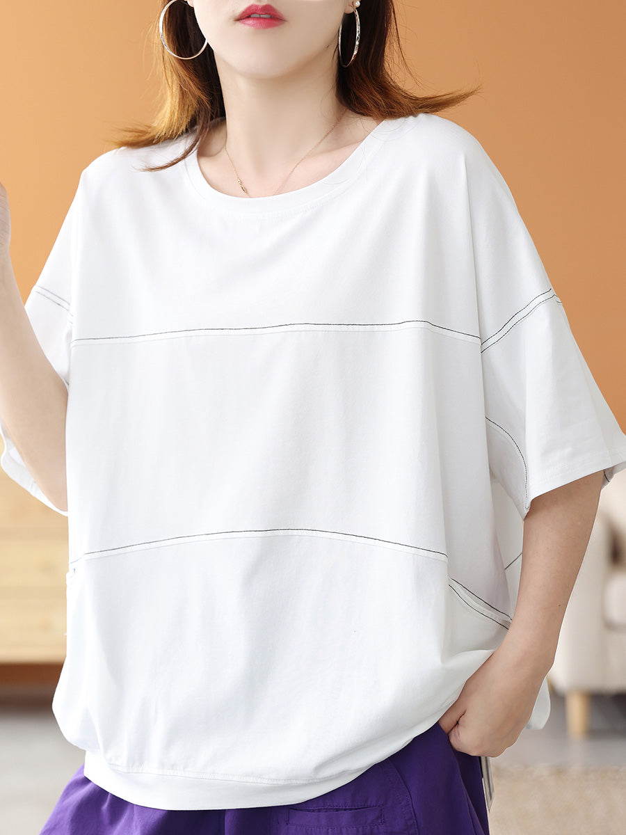 Women Summer Casual Cotton Pure Color Spliced O-Neck Shirt