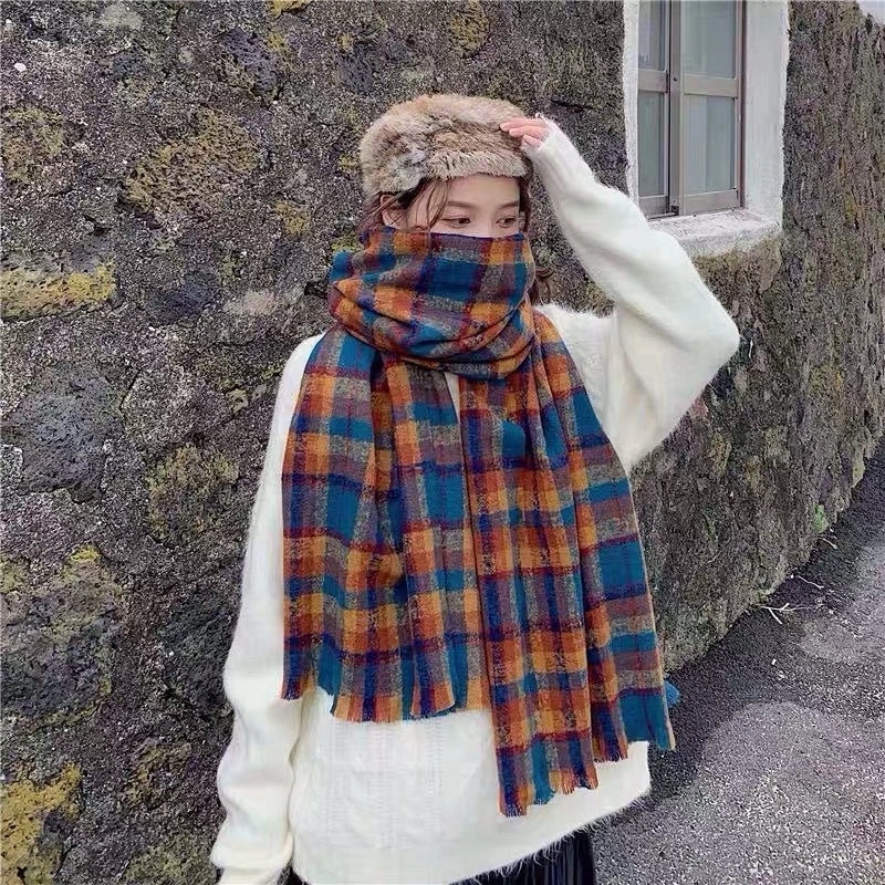 Plaid Scarf Women's Autumn And Winter  Long Student Couple Shawl Warm Cute  Thick Scarf