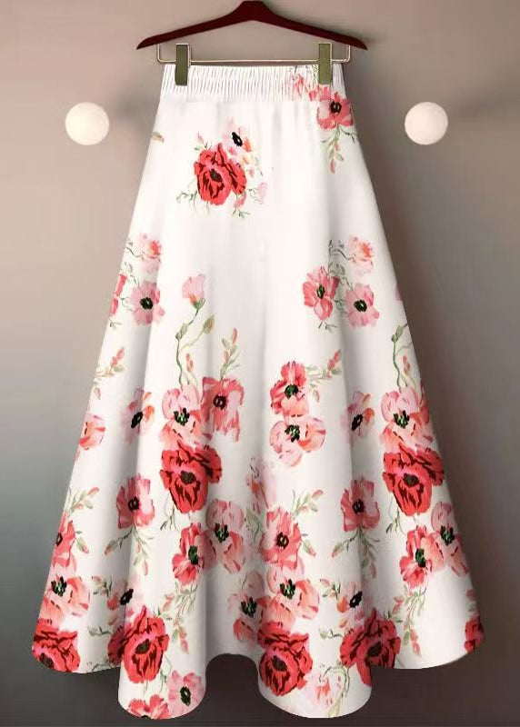 White Print Cotton Skirts Elastic Waist Summer