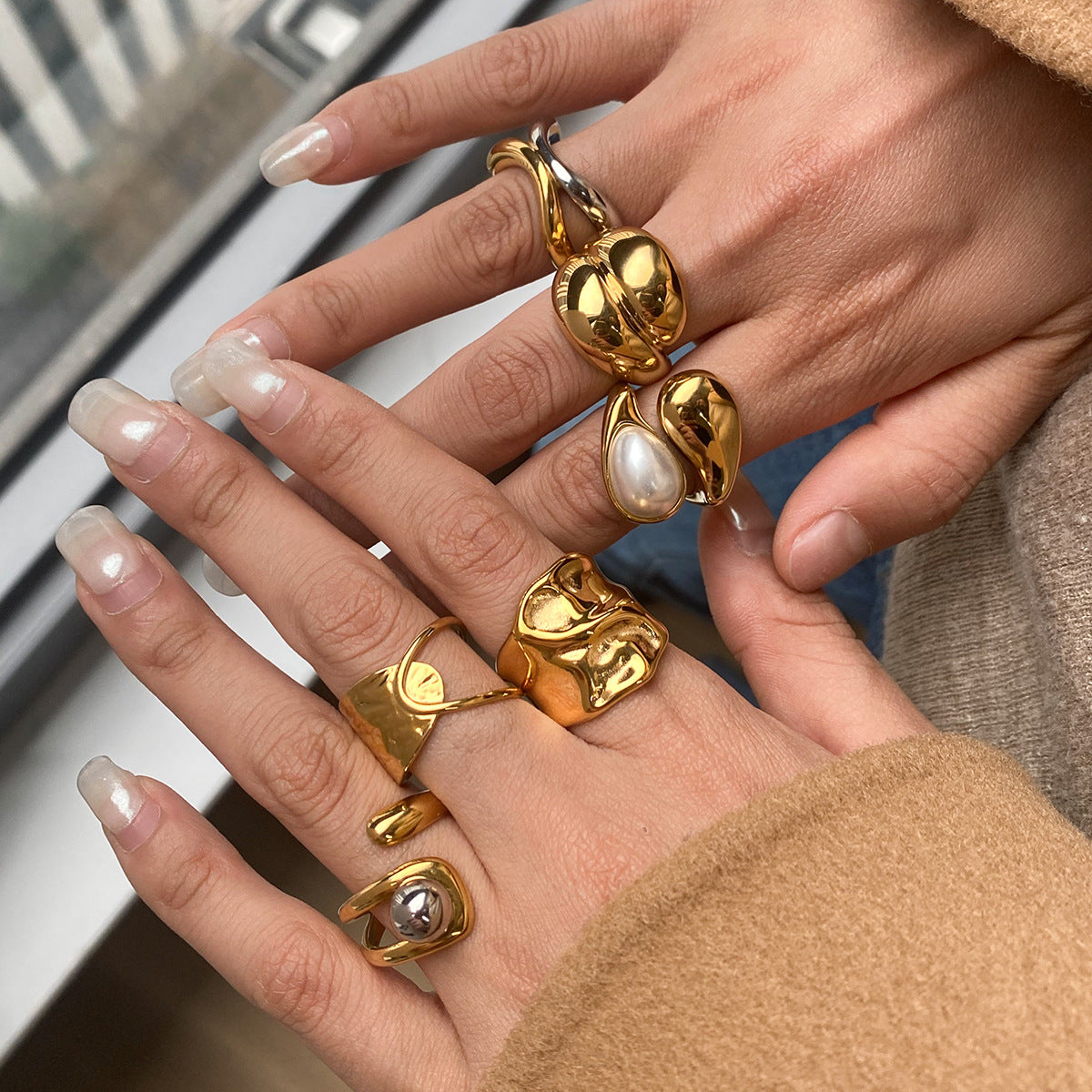 Jie Ding Stainless Steel Pearl Ring Titanium Steel Jewelry Niche Design Ring Ring