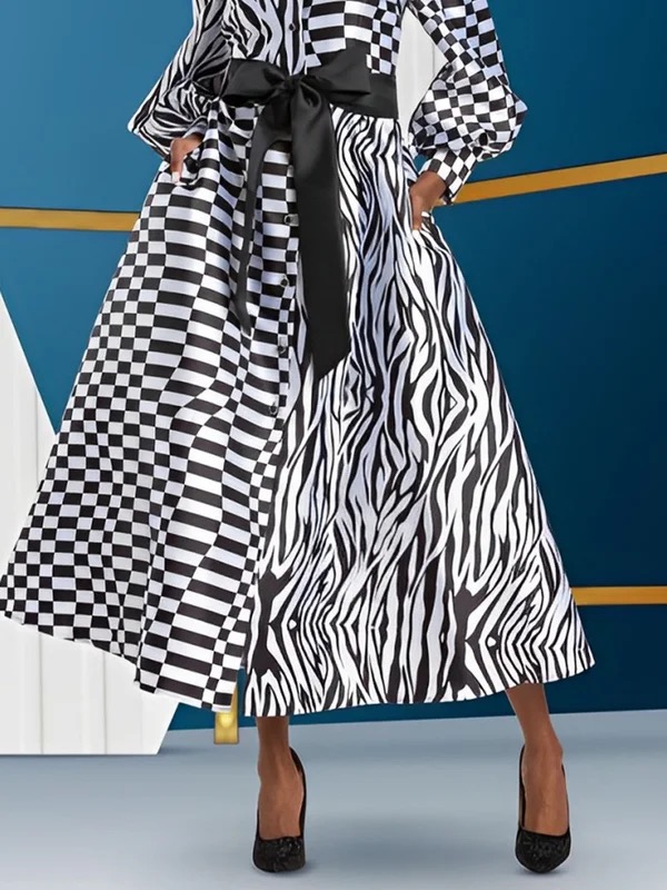 A-Line High Waisted Buttoned Contrast Color Plaid Pockets Tied Waist Lapel Midi Dresses