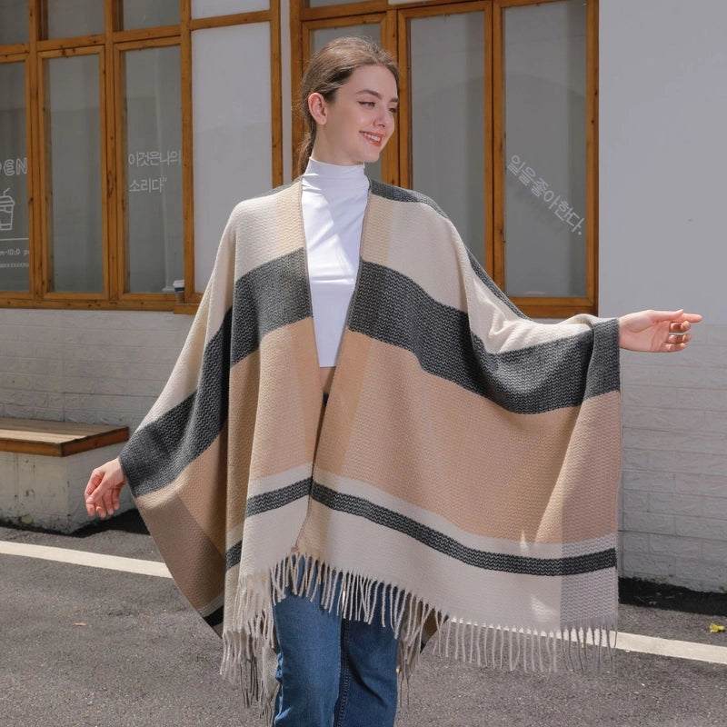 New Tassel Split Shawl Autumn And Winter Women's Simple Plaid Jacquard Scarf Cloak Hot Selling