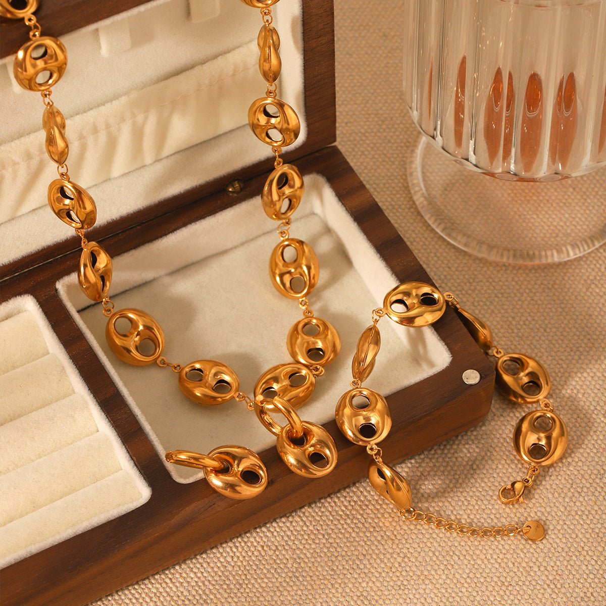 18K Gold Hollow Stainless Steel Pig Nose Buckle Necklace Bracelet Earrings Set Ins Style Titanium Steel
