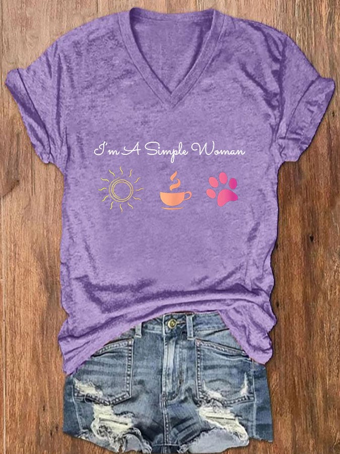 Women's I'm A Simple Woman Sunshine Coffee Paw Dog V-Neck T-Shirt