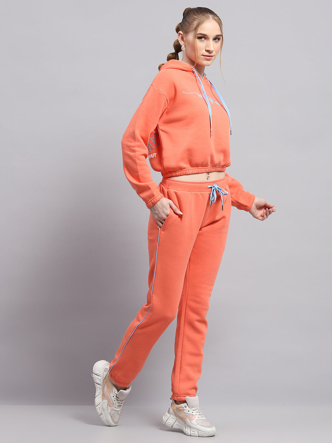 Women Peach Printed Hooded Full Sleeve Tracksuit