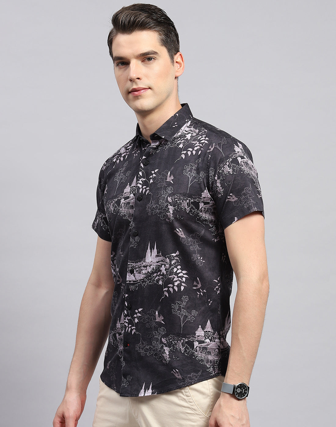 Men Black Printed Collar Neck Half Sleeve Shirt