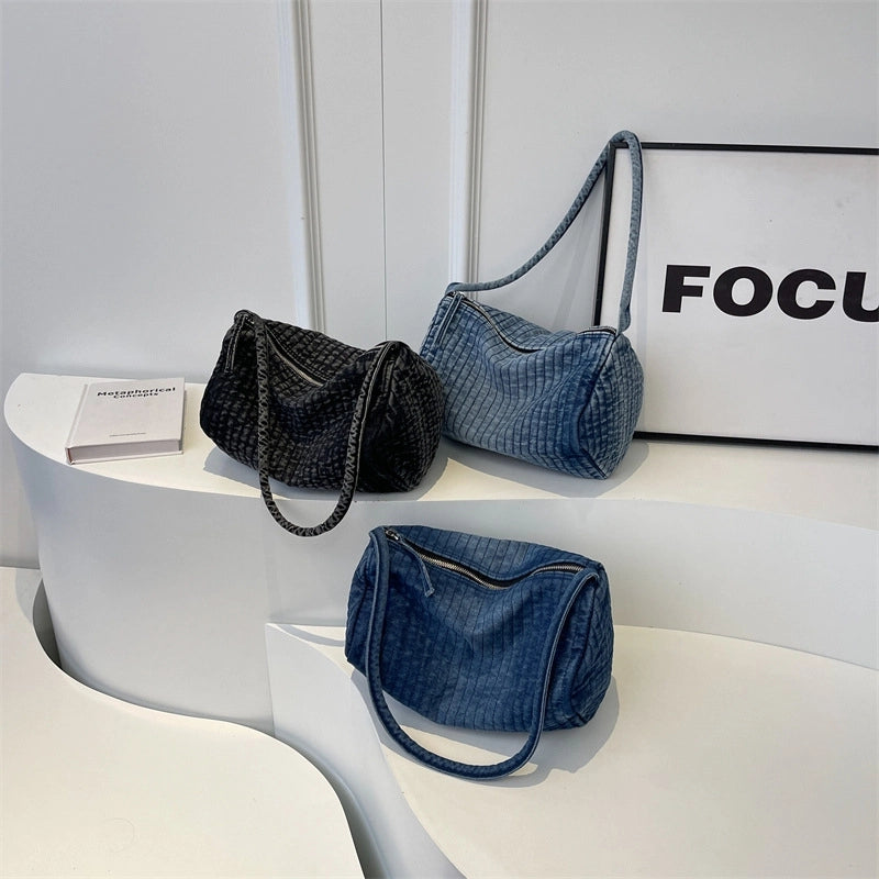 Women's Large Denim Solid Color Streetwear Pillow Shape Zipper Shoulder Bag Crossbody Bag
