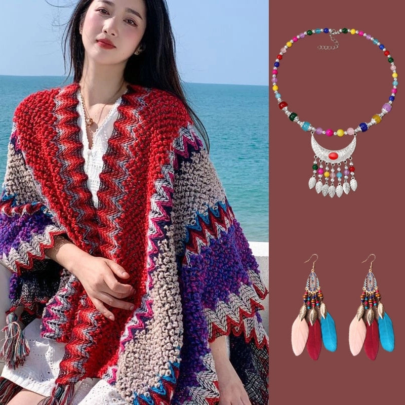 Travel Outside Knitted Shawl Ethnic Style Vintage Cape Cloak Tassel Scarf For Vacation Wear