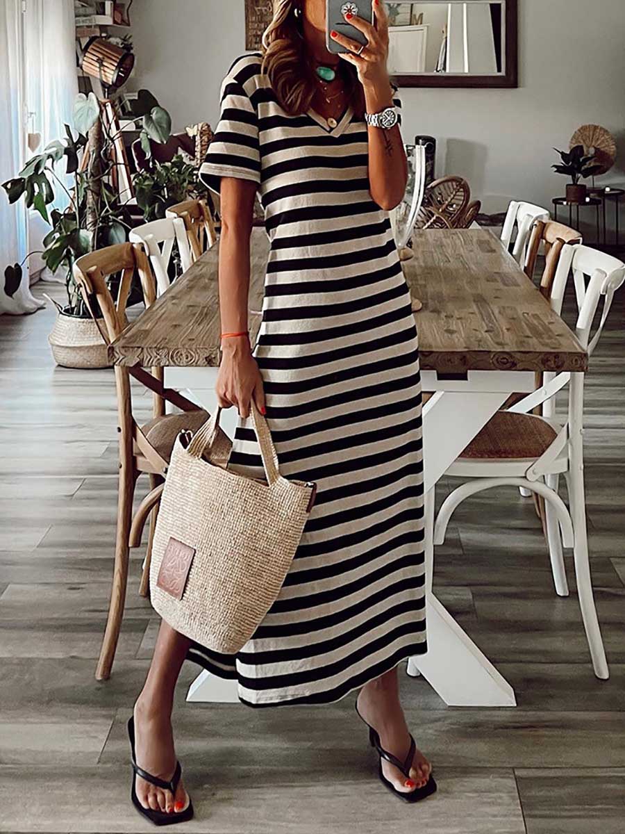 Striped printed v-neck long skirt