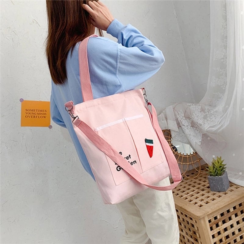 Women's Large Canvas Animal Fruit Basic Zipper Canvas Bag