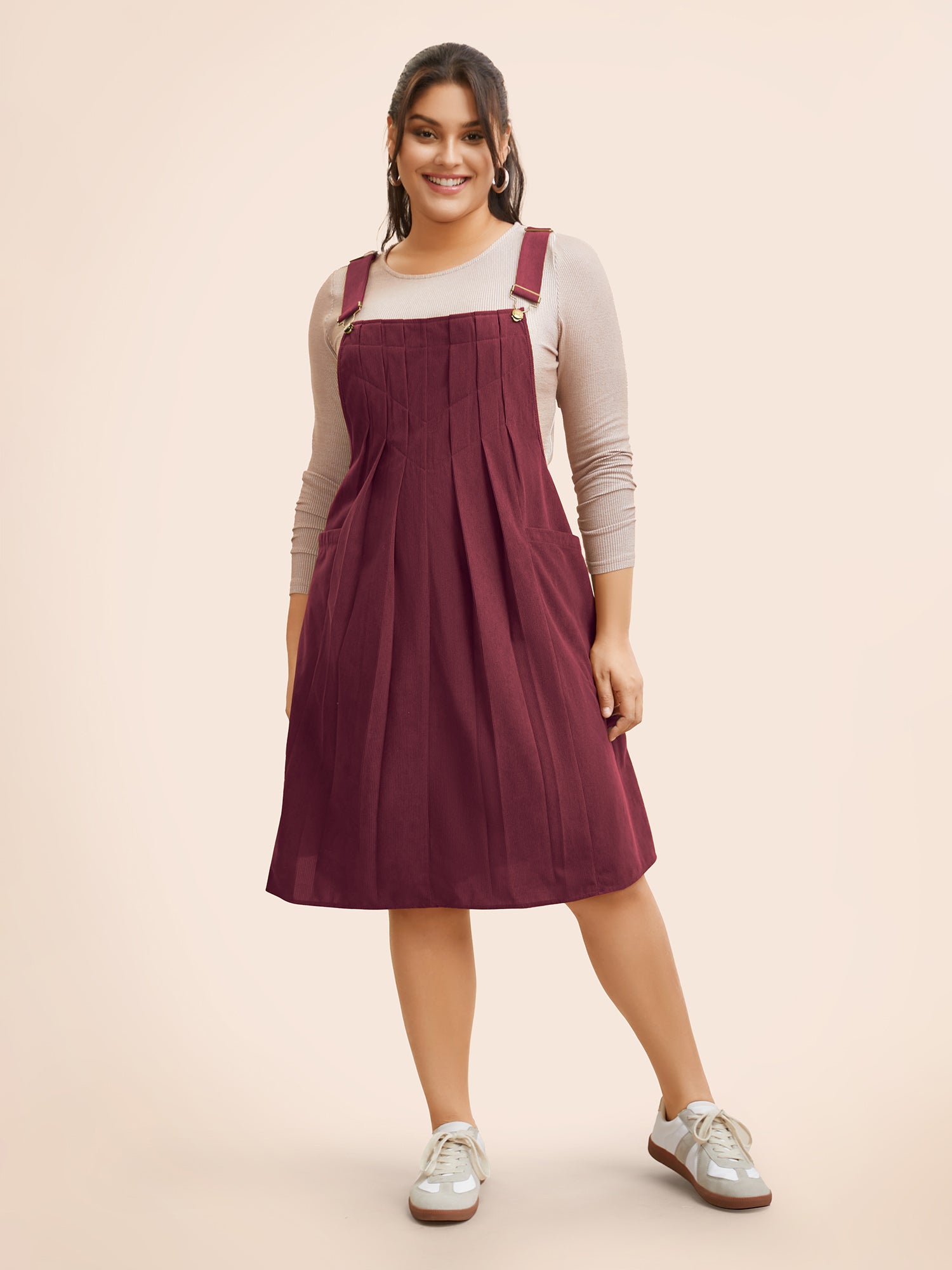 Solid Corduroy Pleated Overall Dress