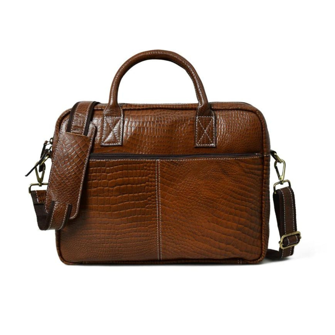 Laurent Slim Leather Briefcase- Brown