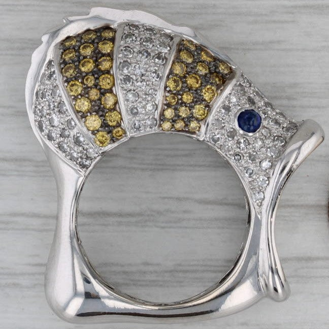 2.44ctw Yellow White Diamond Sapphire Fish Ring 18k White Gold Size 7.75
