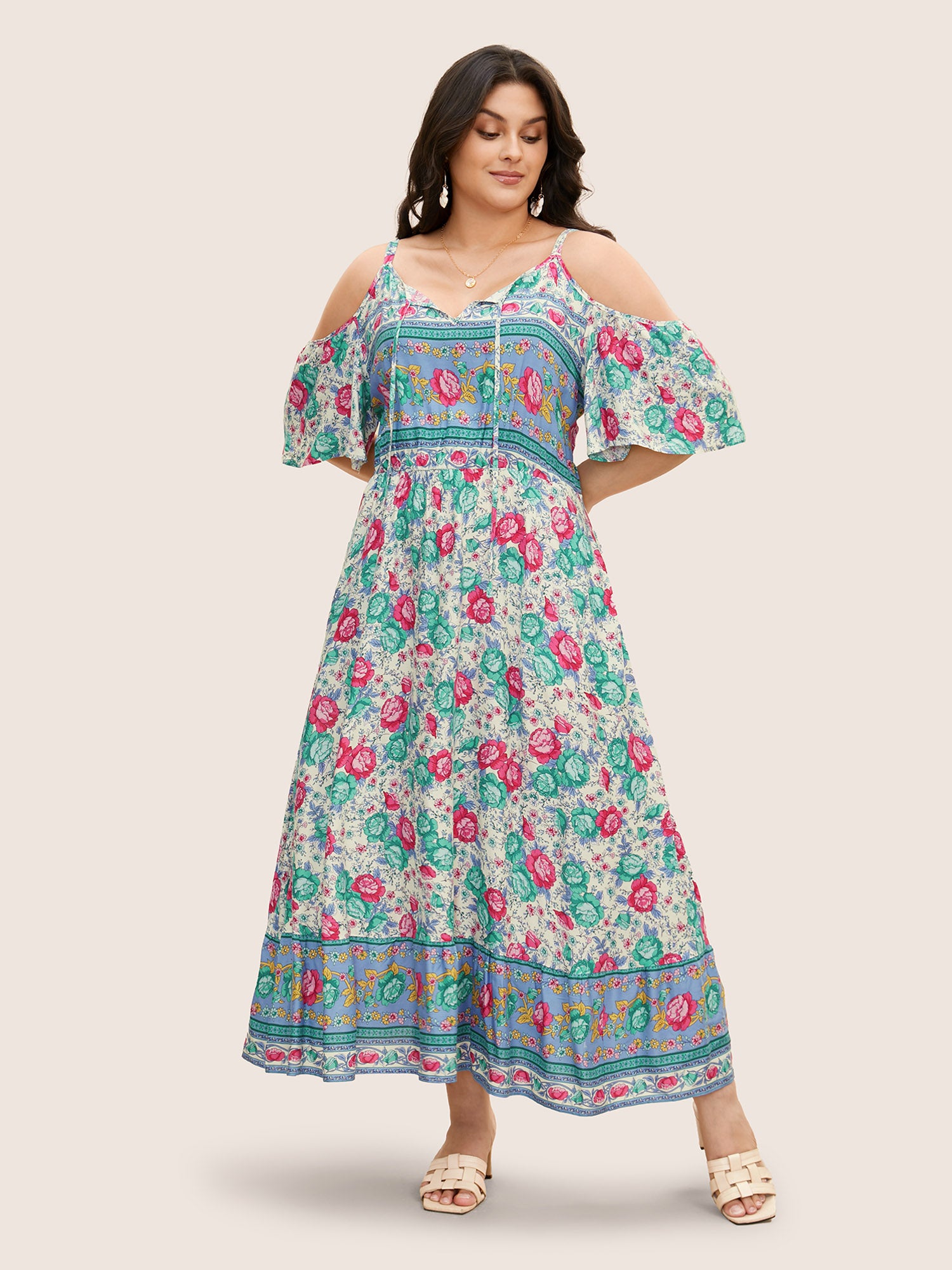 Floral Print Pocket Keyhole Ruffles Cold Shoulder Maxi Dress