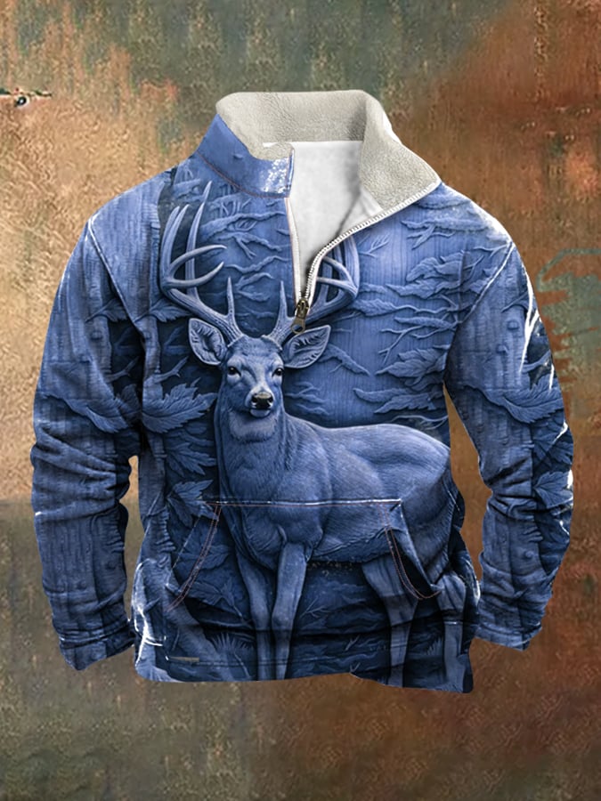 Men's Retro Western Style 3D Deer Print Fur Collar Zipper Sweatshirt