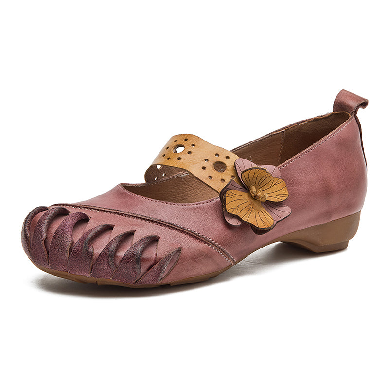 Vintage Color Block Cowhide Mary Jane Flats with Flower Strap in Grey/Purple