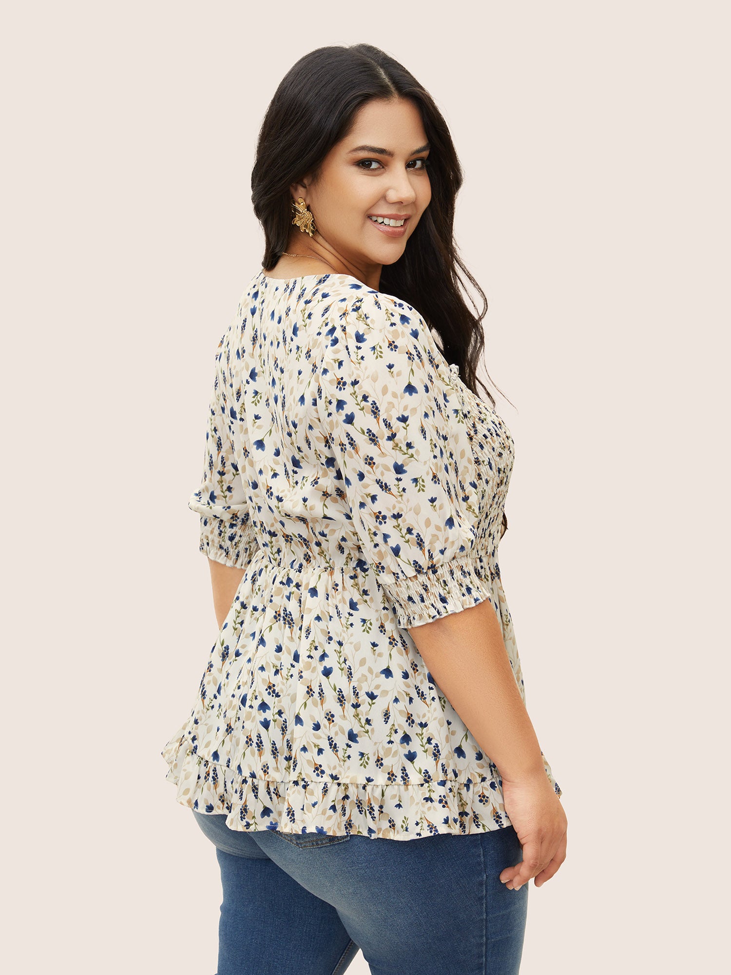 Ditsy Floral Ruffles Shirred Puff Sleeve Blouse