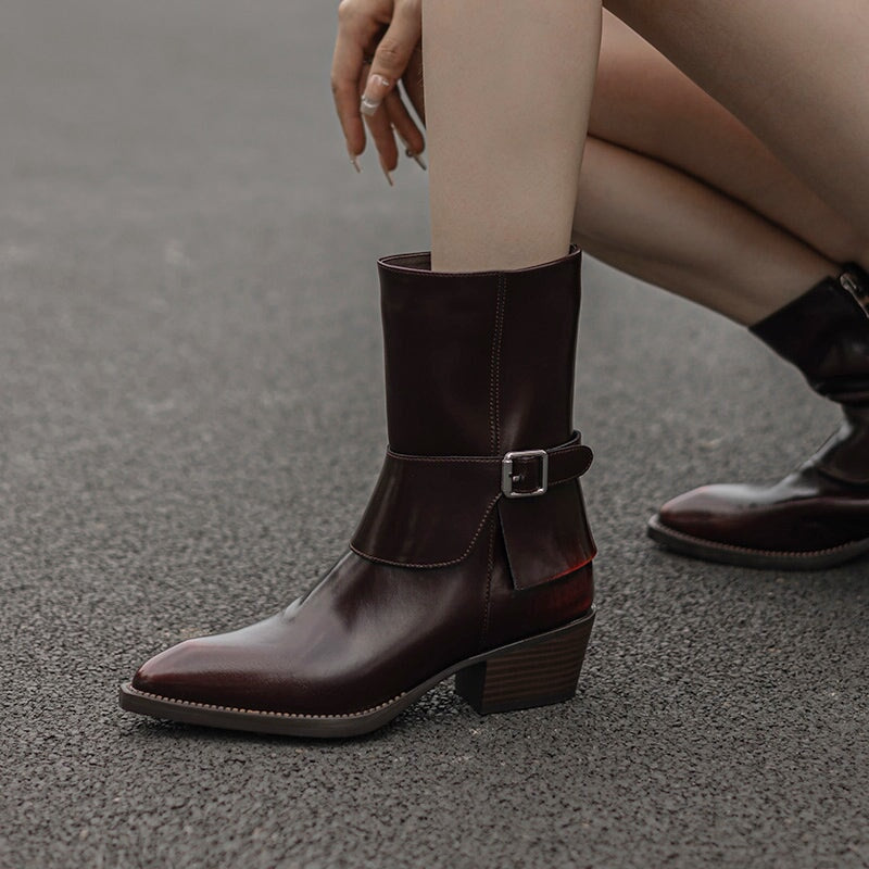 Western Boots Mid Calf Boots Block Heel - Black/Red Cowgirl Boots All Genuine Leather