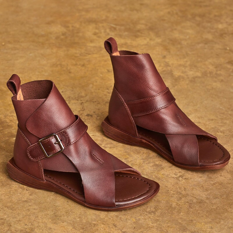 Handmade Leather Peep Toe Roman Flat Sandals Gladiator Boots with Buckle in Black/Coffee