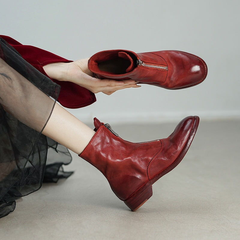 Washed Horse Leather Ankle Boots Front Zip Short Boots For Women in Black/Pink/Red/Grey