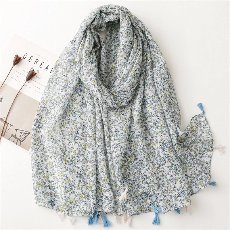 Yarn Cotton Fruit Green Bright Yellow Leaf Printing Tassel Scarf Shawl