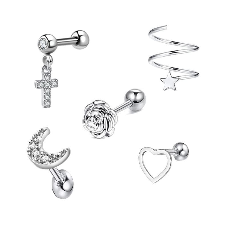 Minimalist Heart Shape Stainless Steel Plating Zircon Ear Studs 5 Piece Set